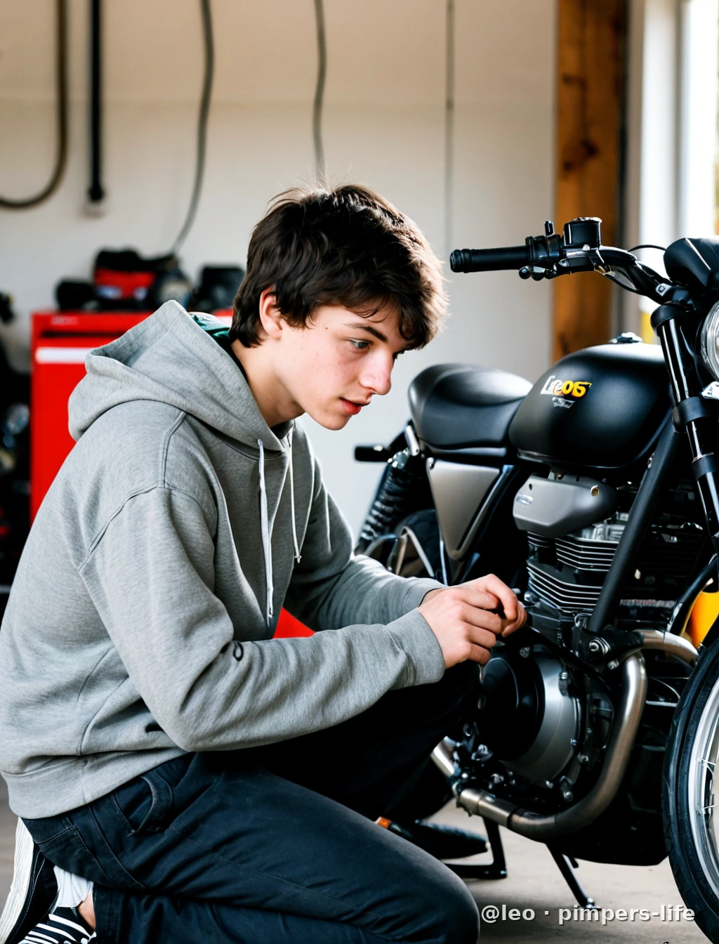 Working on the motorbike.