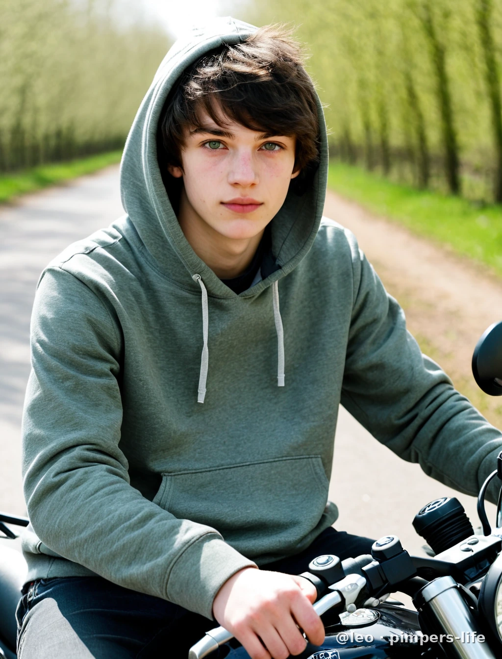 Posing up his checked motorbike.